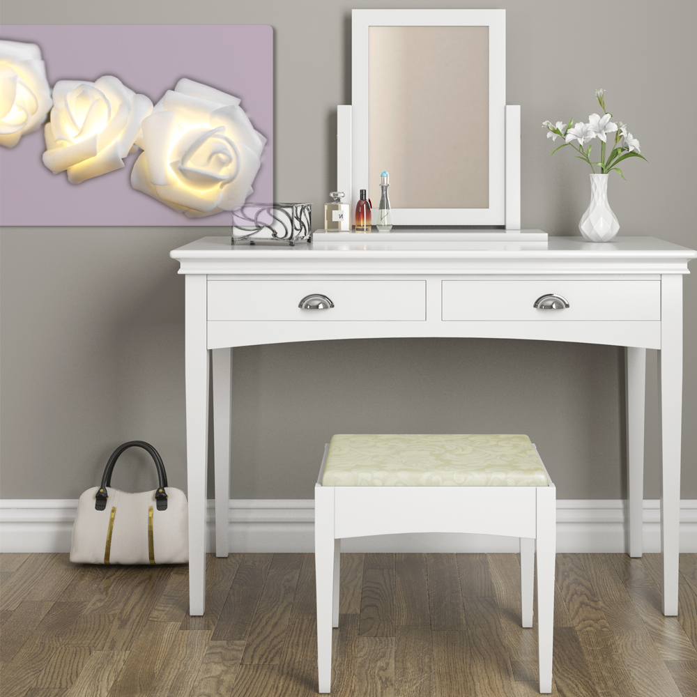 Toeletta Con Specchio E 5 Cassetti PREMTURE - Mobile Trucco Bianco Con Sgabello, 80x40x135 Cm, In MDF Per Camera Da Letto - Foto 5